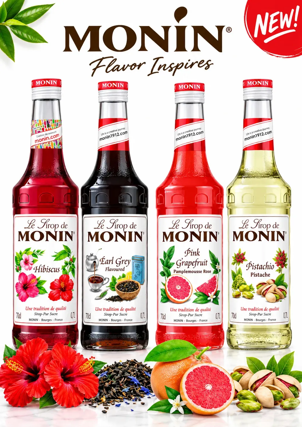 Monin new flavors poster showing Hibiscus, Earl Grey, Pink Grapefruit and Pistachio syrup bottles with hibiscus flowers, tea leaves, grapefruit and pistachios