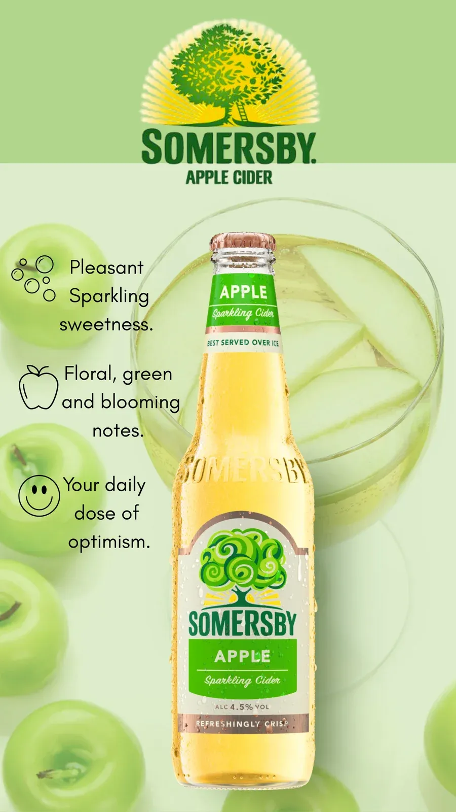 Somersby Apple Cider poster with a bottle against green apples and three taglines about pleasant sparkling sweetness, floral and blooming notes, and a daily dose of optimism